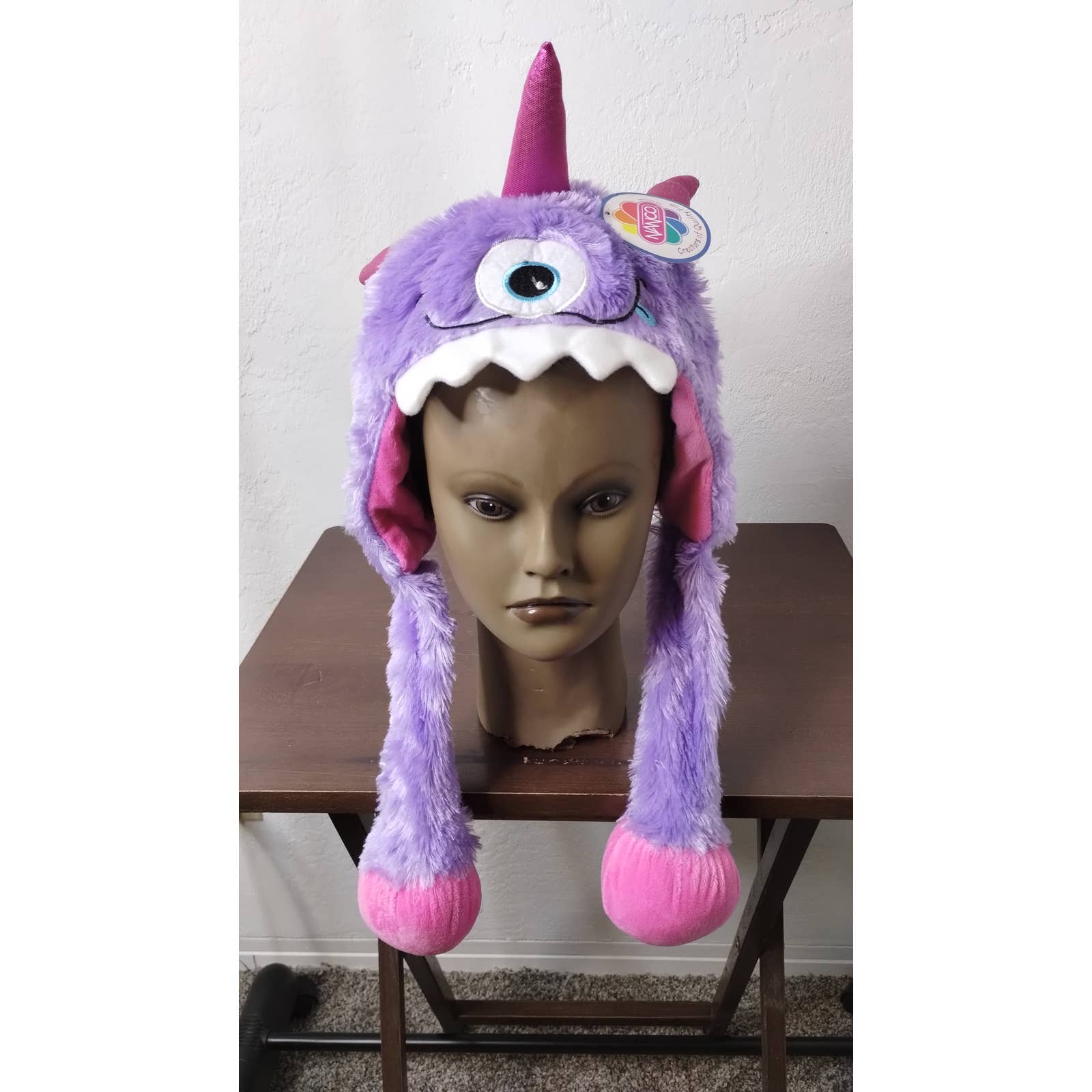 Nanco Purple Pink One-Eyed Monster Plush Earflap Hat Horns Nwt Kids Unisex